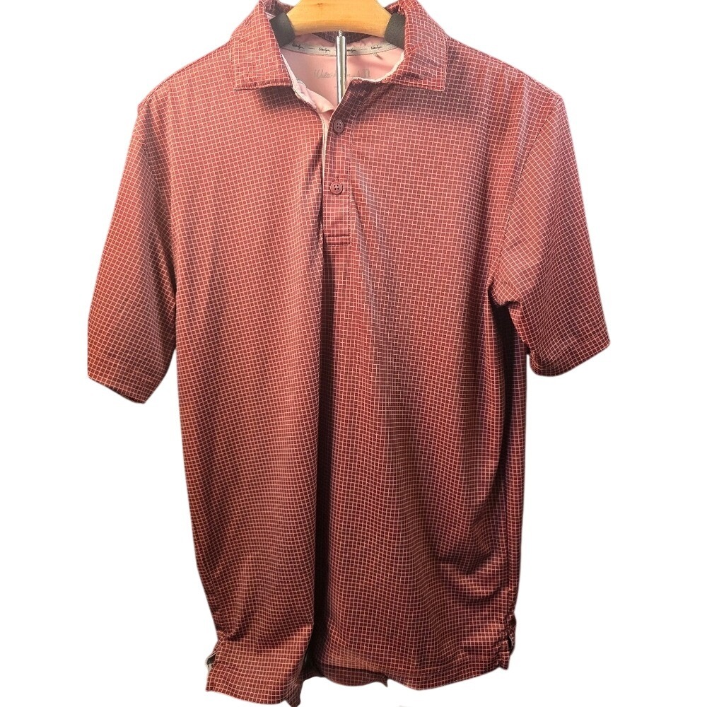 Walter Hagen 11 Mens Small Burgundy Red Grid Print Short Sleeve Golf‎ Polo Shirt